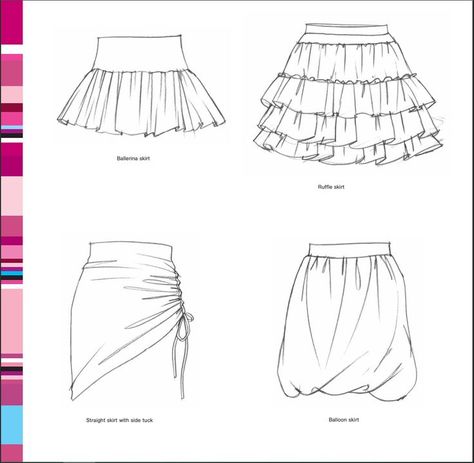 Skirts From Essential Fashion Illustrations, Details by Maite Lafuente Skirts Tutorial Drawing, Skirt Flat Sketch, Drawing Skirts, Skirts Drawing, Rara Skirt, Ruffle Skirts, Flat Drawings, Essential Fashion, Godet Skirt