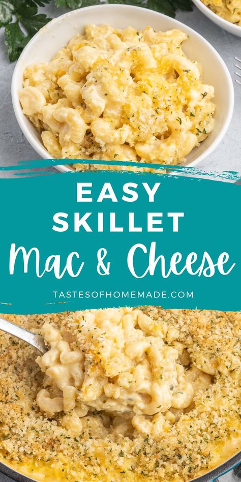 This creamy, three-cheese Mac and cheese with crunchy bread crumb topping is made in a skillet. Quick and easy, it goes from the stove-top to the oven in one pan, making for easy clean-up. Made with a blend of three different kinds of cheese, it is super creamy and decadent. The perfect comfort food. Bread Crumb Topping, Skillet Mac And Cheese, Crunchy Bread, Easy Mac And Cheese, Making Mac And Cheese, Gluten Free Noodles, Easy Skillet, Creamy Mac And Cheese, Kinds Of Cheese