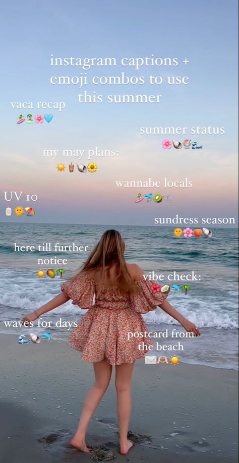 Beach Emoji Captions For Instagram, Emojis As Captions, Preppy Insta Captions, Story Emoji Instagram, Cute Beach Instagram Stories, When To Post On Instagram 2023, Sundress Captions Instagram, Summer Emoji Combinations Aesthetic, Beach Aesthetic Emojis