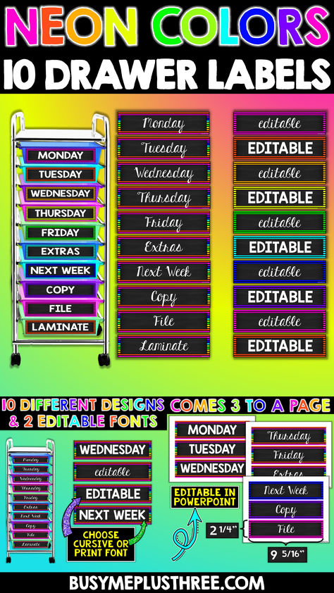 Who doesn't love being organized? This is a great set of NEON AND BLACK 10 DRAWER LABELS that are EDITABLE! These come in lots of different design options. They are available in cursive or print. These fit the 10 drawer rolling carts sold by Michael's, Amazon, and similar stores. We have also included a ready to print PDF version. Neon Classroom Decor, Rolling Cart With Drawers, Neon Classroom, Bright Classroom, Rolling Carts, Chalkboard Classroom, Being Organized, Drawer Labels, Classroom Labels