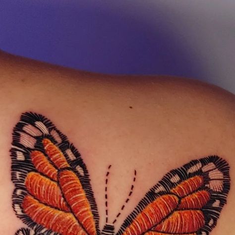 dallas Tattoo Artist Erik Espinoza on Instagram: "Here is an embroidered-style butterfly from a few days back. To get something similar email me at : erikespinozatattoo@hotmail.com #dfwtattoos #dfwtattoo #dfwtattooartist #dallastattoo #dallastattoos #dallastattooartist #texastattoo #texastattoos #texastattooartist #dallastattoo #texasink #embroidery #embroiderytattoo #butterflytattoo #monarchbutterfly" Embroidered Butterfly Tattoo, Embroidery Butterfly Tattoo, Dallas Tattoo, Texas Tattoos, Embroidery Butterfly, Embroidery Tattoo, Embroidered Butterfly, Monarch Butterfly, Butterfly Tattoo