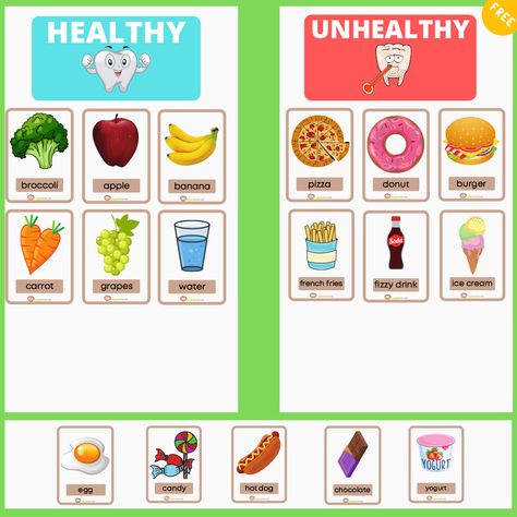 Food Sorting Preschool Free Printable, Healthy Food Activities For Preschool Free Printables, Sorting Worksheets For Preschool, Healthy And Unhealthy Food Worksheet, Food Sorting Activity, Unhealthy Food Pictures, Healthy Food Activities For Preschool, Healthy Food Activities, Food Flashcards