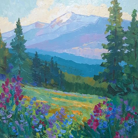 Summer Colors on Boreas Pass Pretty Nature Paintings, Watercolor Land Scape, Colorful Watercolor Landscape, Oil Paint Mountains, Colorful Landscape Paintings Acrylics, Acrylic Mountain Painting Tutorial, Landscape Paintings Flowers, Easy Mountain Painting Acrylics, How To Paint Mountains