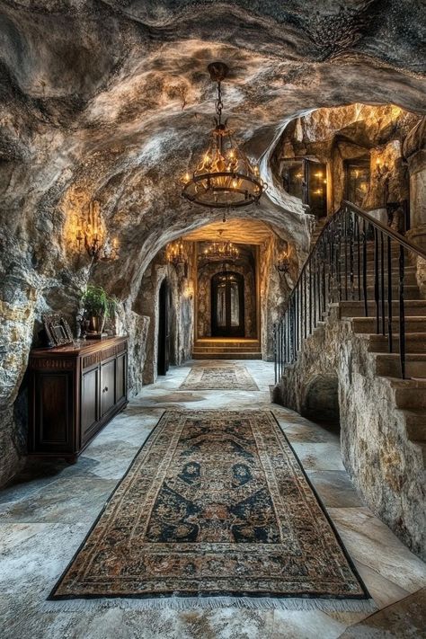 Underground luxury estate. Check out all of these unique and extravagant million-dollar dream homes, from stunning architectural designs to luxurious amenities. Underground Home Aesthetic, Underground Homes Hidden, Cave House Underground Homes, Extravagant Architecture, Modern Castle House, Underground Mansion, Castle Style Homes, Underground Room, Magical Mansion