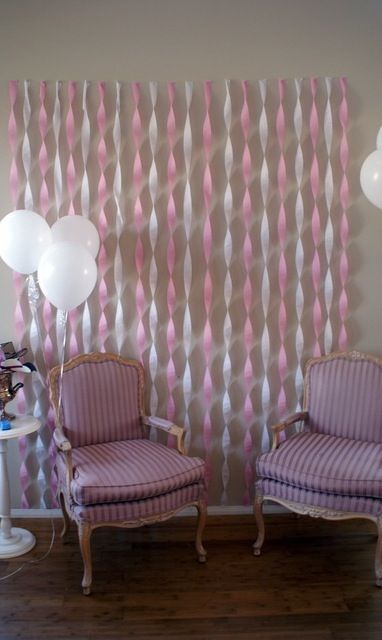 cute backdrop for where ever we plan on opening gifts. pink & white or pink & gray. Also do with purple or blue Streamer Decorations, Bebe Shower, Barbie Birthday Party, Shower Bebe, Barbie Birthday, Ceremony Backdrop, Girl Shower, Girl Baby Shower, Shower Party