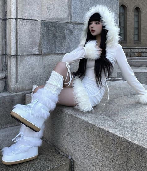 Moon Boots Outfit, White Christmas Outfit, Fur Boots Outfit, White Fur Boots, Leg Warmers Outfit, Girls Fasion, Fur Outfit, Fluffy Boots, Classy Winter Outfits