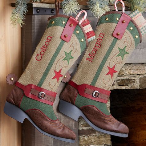 Country Stockings Christmas, Christmas Stocking Design Ideas, Cowboy Christmas Stocking, Leather Stocking Christmas, Christmas Cowboy Boots, Cowboy Christmas Decor, Cowboy Boot Stocking, Cowboy Christmas Decorations, Cowboy Boot Christmas Stocking