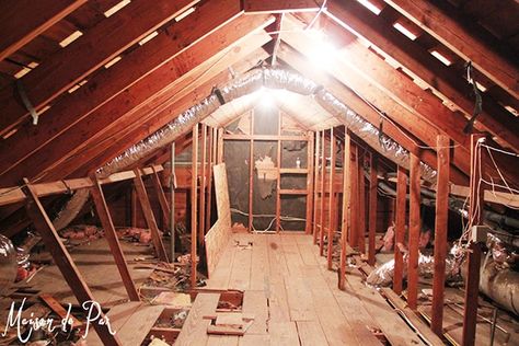 Attic Before And After, Modern Colonial House, Attic Design Ideas, How To Whitewash, Plank Ceiling, Renovation Architecture, Modern Colonial, Attic Conversion, Attic Design