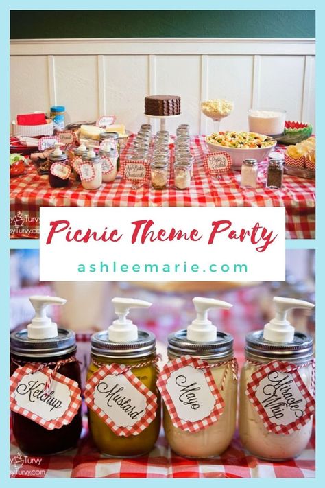 Picnic Theme Centerpiece Ideas, Picnic Themed Food, Picnic Theme Luncheon, Picnic Theme Food Ideas, Picnic Theme Party Favors, Picnic Themed Decorations, Bbq Picnic Birthday Party, Bbq Picnic Ideas Backyard Parties, Summer Picnic Theme Party