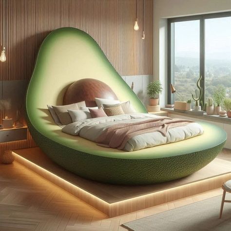 Avocado-Shaped Bed: A Fresh and Fun Trend For Your Bedroom Weird Beds, Unusual Beds, Smart Bed, Unique Furniture Design, Sustainable Manufacturing, Built In Speakers, Floating House, Minimalist Room, Sustainable Furniture