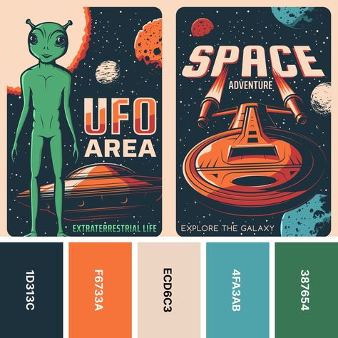 31 Retro Color Palettes for Throwback Designs - Color Meanings Color Palette Space, Alien Color Palette, Star Color Palette, Futuristic Color Palette, Space Color Palette, Retro Color Palette, Galaxy Colors, Palette Design, Color Pallete