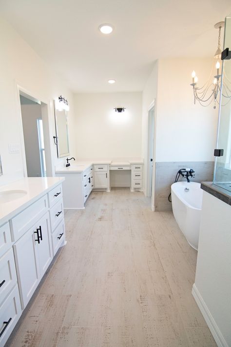 Split Vanity Master Bath, Separate Vanities In Master Bath, Small Master Bath Layout, Large Bathroom Remodel, Master Bath Layout, Rustic Bathroom Shower, Built In Vanity, Master Suite Bathroom, Master Bath And Closet