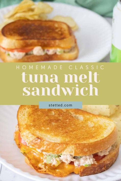 Grab the taste of a diner classic with this homemade tuna melt! With creamy tuna, crunchy celery, and melty cheese, it's one sandwich everyone craves! Hot Tuna Melt Sandwich, Tuna Melt Sandwich In Oven, Tunamelt Sandwich Recipe, Tina Melt Sandwich, Tuna Melts Sandwich, Easy Tuna Melt Sandwich, Tuna Bumsteads, Tuna Melts In The Oven, Tuna Fish Sandwich Recipe