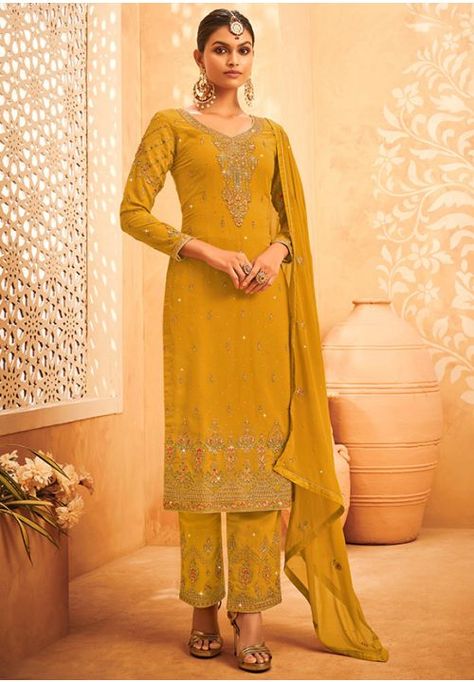 Mustard Embroidered Faux Georgette Pant Kameez Yellow Salwar Kameez, Yellow Salwar, Georgette Palazzo, Celana Fashion, Readymade Salwar Kameez, Lehenga Dupatta, Yellow Suit, Indian Salwar Kameez, Georgette Tops