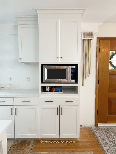 Microwave cabinet finished for now Microwave Mixer Cabinet, Kitchen Cabinet Microwave Ideas, Microwave Cubby Ideas, Stand Alone Pantry Cabinet With Microwave, Microwave Cabinets Ideas, Open Microwave Cabinet, Microwave Above Counter, Build In Microwave Cabinets, Microwave Upper Cabinet