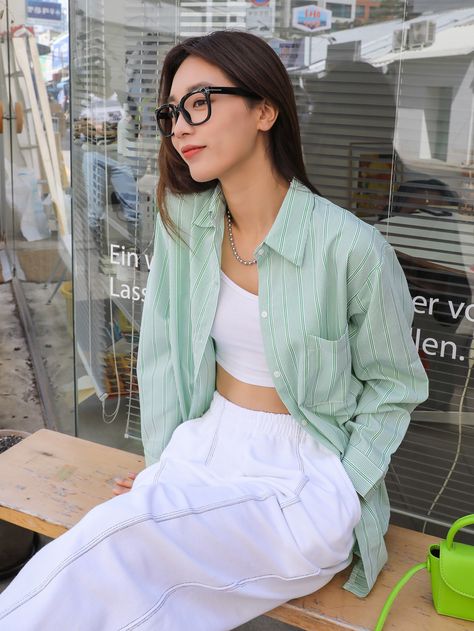 Yellow Striped Shirt Outfit, Green Striped Shirt Outfit, Striped Blouse Outfit, Button Shirt Outfit, Yellow Shirt Outfit, Green Shirt Outfits, Mint Green Outfits, Yellow Button Up Shirt, Outfits With Striped Shirts