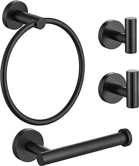 Amazon.com: Lairuier Bathroom Hardware Set, Matte Black Stainless Steel 4-Piece Include Hand Towel Ring Toilet Paper Holder and 2 Robe Towel Hooks， Bathroom Wall Mounted Fixtures，Q1M-P4BK : Tools & Home Improvement Bathroom Towel Ring, Black Toilet Paper Holder, Hand Towel Ring, Black Toilet Paper, Toilet Paper Holder Stand, Bathroom Holder, Black Bathroom Accessories, Wall Mounted Towel Rack, Towel Holder Bathroom