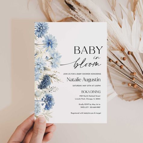 Dusty Blue Baby In Bloom Invite with Wildflowers - Baby Shower Invitation Editable template - Instant Access 💻 𝗧𝗥𝗬 𝗧𝗛𝗘 𝗗𝗘𝗠𝗢 - 𝙘𝙪𝙩 𝙖𝙣𝙙 𝙥𝙖𝙨𝙩𝙚 𝙩𝙝𝙚 𝙗𝙚𝙡𝙤𝙬 𝙡𝙞𝙣𝙠 https://templett.com/design/demo/theprintnest/26329716 ✅ INSTANT ACCESS ✅ NO EXPIRATION DATE ✅ EDIT MOST WORDING/FONTS/COLORS ✅ PRINT AT HOME OR PROFESSIONALLY This listing is for an INSTANT DOWNLOAD, so you will have access to your template within minutes of purchase, where you can edit using TEMPLETT; an eas Blue Flower Baby Shower Theme, Baby In Bloom Blue Shower Ideas, Blue Floral Baby Shower Ideas, Baby In Bloom Invitation, Garden Baby Shower Theme, Mom-osa Bar, Watercolor Hydrangea, Boy Shower Invitations, Wildflower Baby Shower