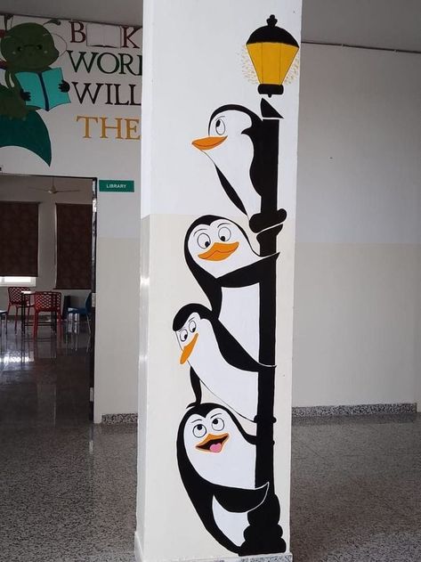 Wall painting ideas Steps Wall Painting Ideas, Pillar Wall Painting, Painting On Pillar, Light Board Painting, School Wall Drawing Ideas, Penguin Wall Painting, Wall Painting Peacock Design, School Wall Drawing, Creative Wall Murals