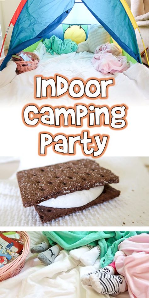 Camping Inside With Kids, Diy Kids Tent Indoor Easy, Inside Camping Ideas For Kids, Living Room Campout Kids, Indoor Camping Activities, Indoor Camping Ideas For Kids, Virtual Sleepover, Indoor Camping Ideas, Camping Party Activities