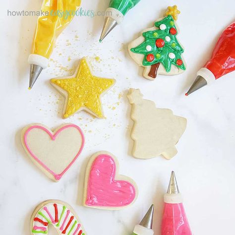 SUGAR COOKIES with powdered sugar, decorate cut-out cookies! Cookie Icing Recipe Without Corn Syrup, Sugar Cookie Icing Easy, Easy Sugar Cookie Icing, Best Sugar Cookie Icing, Sugar Cookie Icing Recipe, Cookie Icing Recipe, Basic Cookies, Sugar Cookie Icing, Meringue Powder