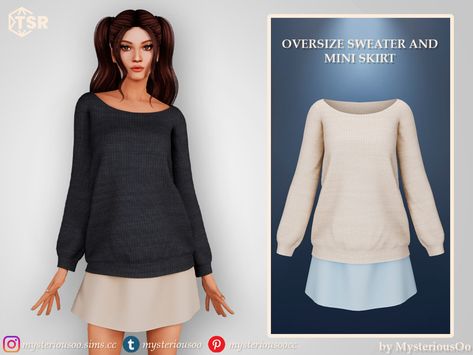 The Sims Resource - Oversize sweater and mini skirt Sweater And Mini Skirt, Ruffles Top, Cross Sweater, Oversized Clothes, Oversize Sweater, Y2k Sweater, Big Sweaters, Off Shoulder Shirt, Basic Sweaters