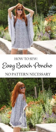 How to sew an EASY Beach Poncho. No pattern necessary! #sewing #sew Ponchos Diy, Poncho Diy, Beach Poncho, Beginner Sewing Projects Easy, Beach Diy, Kleidung Diy, Couture Mode, Leftover Fabric, Ropa Diy