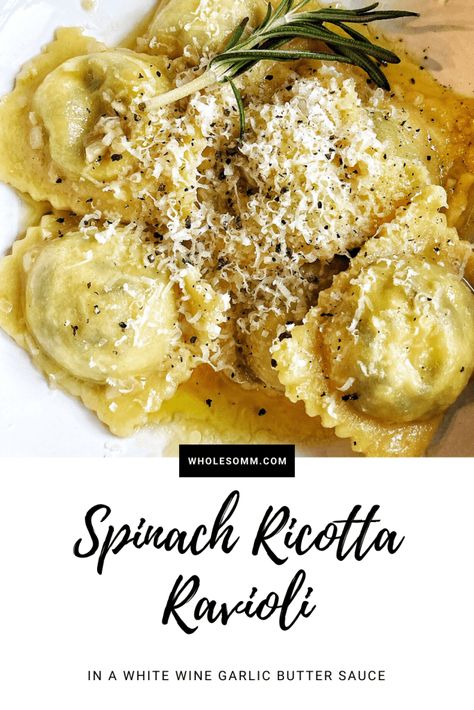 Fresh ravioli with a spinach ricotta filling.  Light, bright, and delicious pasta dish to impress.  Elevated with lemon zest, fresh cracked black pepper, and freshly grated Parmesan.  All in a white wine butter sauce.  Pair it with a Sauvignon Blanc. #wholesomm #freshravioli #freshpasta #spinachricottaravioli #homemaderavioli #whitewinesauce #springpasta #summerpasta #springrecipe #summerrecipe #spring #summer Butter Sauce Pasta, Ravioli Recipe Filling, Spinach And Ricotta Tortellini, Spinach Ricotta Ravioli, Ravioli Sauce Recipe, Ravioli Recipe Homemade, Wine Butter Sauce, Spinach And Ricotta Ravioli, White Wine Butter Sauce