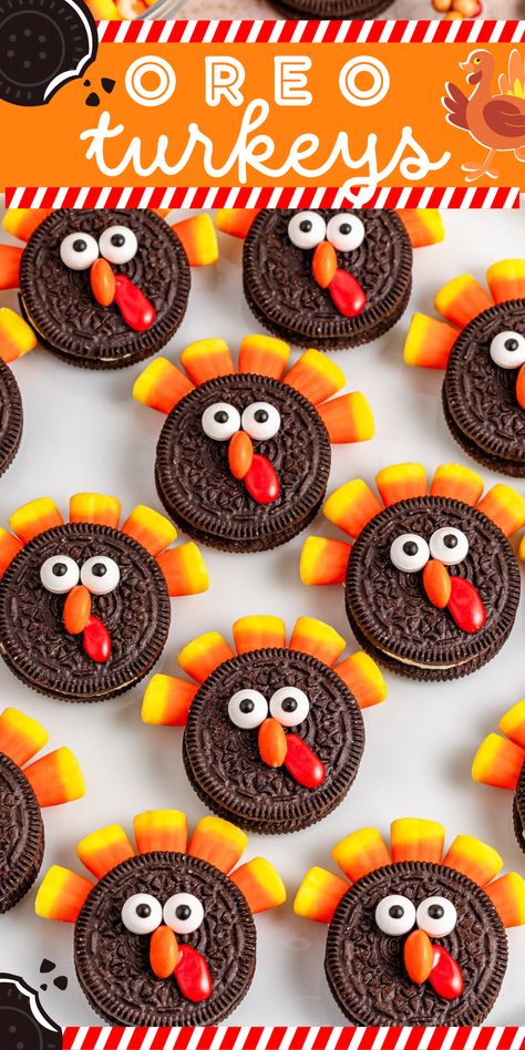 Oreo Turkey Cookies Candy Corn, Turkey Oreos Candy Corn, Thanksgiving Oreo Cookies, Oreo Pumpkin Cookies, Candy Turkeys For Kids, Turkey Favors For The Table, Turkey Shaped Cookies, Turkey Kids Snacks, Thanksgiving Edible Crafts For Kids