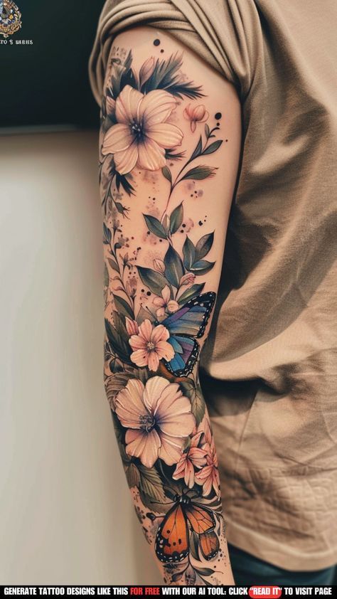 Best Tattoos For Cover Ups For Women, Fill In Ideas For Sleeve Tattoos, Sleave Tats For Women, Tattoo Ideas New Beginnings, Color Flower Tattoo Sleeve, Butterfly’s Tattoo, Colorful Floral Sleeve Tattoos For Women, Feminine Tattoo Sleeves Fine Line, Personal Tattoo Ideas