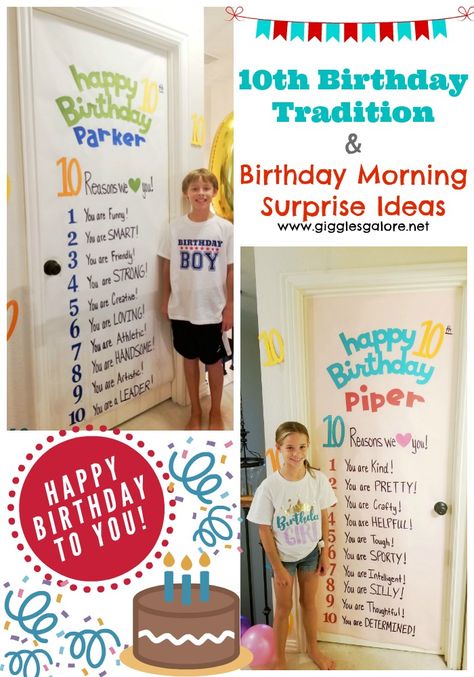 Fun 10th birthday tradition & birthday morning surprise ideas to help you celebrate double digits! #birthdayidea #birthday #birthdaytraditions Birthday Morning Surprise Ideas, Birthday Surprise Kids, Birthday Surprise Ideas, Birthday Morning Surprise, Birthday Door, Surprise Ideas, Birthday Morning, Birthday Countdown, Tenth Birthday