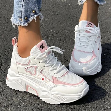 Thick Bottom Shoes, Pink Platforms, Womens Sweatshirts Hoods, Lace Up Wedges, Sneakers Women, Lacing Sneakers, Wedge Sneakers, Casual Flats, Platform Sneakers