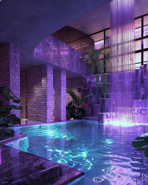 Room Purple Aesthetic, 80s Mansion, 80s Modern Home Decor, Mansion Pool, 80’s Decor, Luxury Pools Indoor, Miami Mansion, Bedroom Pool, Mansion Bedroom