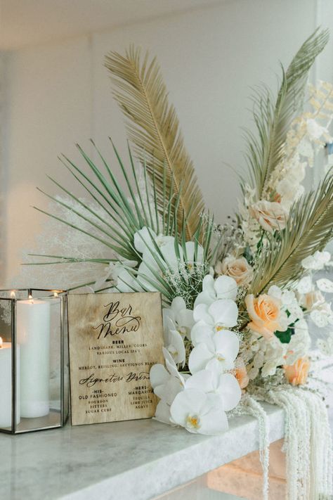 Boho Orchid Wedding, Tropical Boho Chic Wedding, Dried Palms Wedding, Coastal Boho Wedding Decor, Tropical Boho Wedding Flowers, Boho Beach Wedding Centerpieces, Palm Leaf Wedding Decor, Modern Coastal Wedding Decor, Tropical Bohemian Wedding