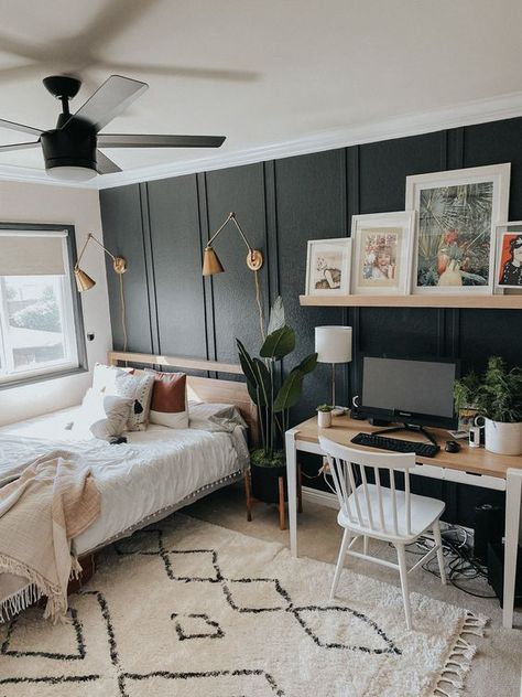 Burnett Bungalow Boho Bedroom Black, Bedroom Black Wall, Shelves Above Desk, Black Floating Shelves, Black Accent Walls, White Floating Shelves, Wooden Floating Shelves, Guest Bedroom Decor, Accent Wall Bedroom