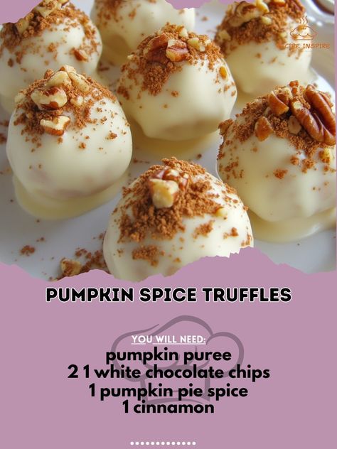 🍂 Indulge in the cozy flavors of fall with these decadent Pumpkin Spice Truffles! 🎃🍫 Pumpkin Spice Truffles Ingredients: - 1 cup pumpkin puree - 2 1/2 cups white chocolate chips - 1/2 tsp pumpkin pie spice - 1/4 tsp cinnamon - 1/4 cup graham cracker crumbs - 1/4 cup powdered sugar - 1/4 cup crushed pecans - 1/4 cup heavy cream - 1/2 cup white chocolate, melted (for coating) Instructions: 1. In a saucepan, heat the pumpkin puree until simmering. Remove from heat. 2. Add white chocolate, pum... Pumpkin Spice Roll, Pumpkin Spice Truffles, Pumpkin Pie Truffles, Cozy Fall Recipes, White Choc, Sugar Pumpkin, Pumpkin Chocolate, Pumpkin Pie Spice, Graham Cracker Crumbs