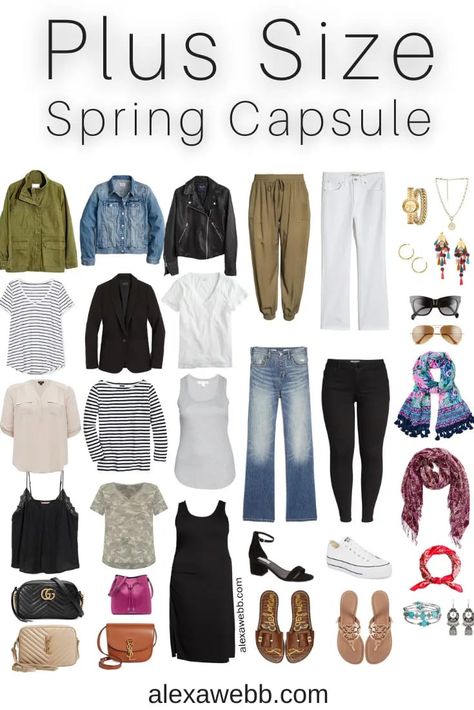 Plus Size Spring Casual Capsule Wardrobe - Part 1 with an essential list of plus size spring clothing - 16 pieces with countless outfits - Alexa Webb Plus Size Fashion Spring Ideas, Casual Plus Size Outfits Spring, Spring Outfit Ideas Plus Size, Plus Size Capsule Wardrobe 2023, Plus Size Wardrobe Capsule, Plus Size Casual Outfits Spring, Casual Spring Outfits Plus Size, 2023 Plus Size Outfits, Plus Size Basic Outfits