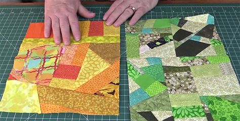 crumb quilt tutorial. Create your own fabric by combining crumbs of the same color Scrap Blocks, Crumb Quilting, Crazy Quilt Tutorials, Crumb Quilts, Sewing Nook, Scrap Projects, Crumb Quilt, Quilted Placemats, Quilting Blocks