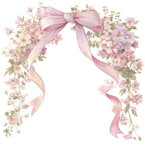 Pink Floral Prints, Coquette Frame, Coquette Watercolor, Ribbon Image, Watercolor Ribbon, Recuerdos Primera Comunion Ideas, Frame Flowers, Coquette Vintage, Watercolor Frame