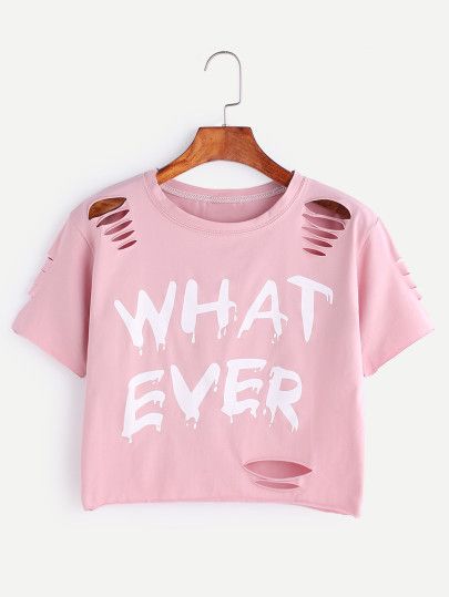 Letter Print Ripped Crop T-shirt Teen Crop Tops, Crop Top Pink, Mode Kpop, What Ever, Crop T Shirt, Ropa Diy, Shirts For Teens, Crop Top Outfits, Cute Crop Tops