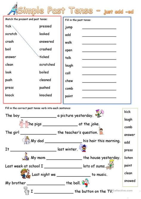 simple past tense add 'ed' - English ESL Worksheets Simple Past Tense Worksheet, English Preschool, Tense Worksheet, Past Tense Worksheet, Tenses Exercises, Simple Past, English Worksheets For Kindergarten, Simple Past Tense, Past Simple