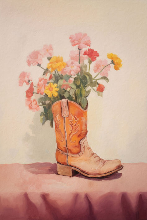 A painting of a cowboy boot with flowers growing from it. Cowboy Boots With Flowers Painting, Cowboy Boot With Flowers Painting, Cowboy Boot Painting On Canvas Easy, Boots With Flowers Painting, Cowboy Boots Painting, Cowboy Boot With Flowers, Cowboy Boot Painting, Cowboy Boots With Flowers, Cowboy Boots Art