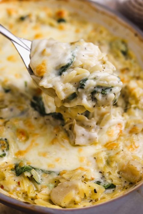 Creamy Spinach And Artichoke Orzo Chicken, Chicken Artichoke Orzo Recipes, Spinach Artichoke Chicken Orzo, One Pan Spinach And Artichoke Orzo Bake Half Baked Harvest, Artichoke Orzo Recipes, Spinach Artichoke Risotto, One Pan Spinach And Artichoke Orzo Bake, Spinach Artichoke Side Dish, Spinach Artichoke Chicken Orzo Bake