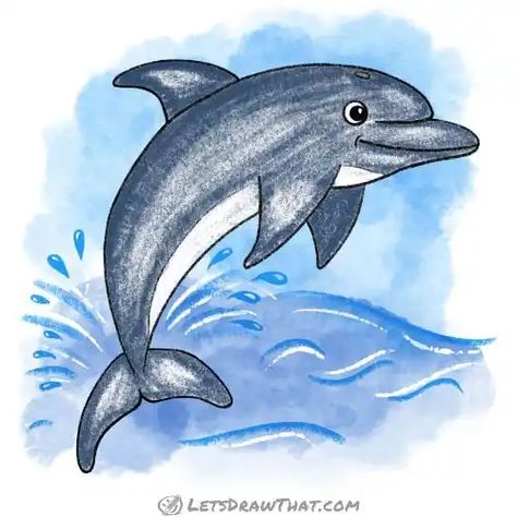 How to draw a dolphin - a simple step-by-step drawing - Let's Draw That! Dolphin Jumping Out Of Water Drawing, Water Animal Drawing, Dolphin Drawing Simple, How To Draw A Dolphin, Dolphin Drawing Realistic, Dolphin Painting Easy, Dolphin Drawing Easy, Painting Dolphins, Dolphin Jumping Out Of Water