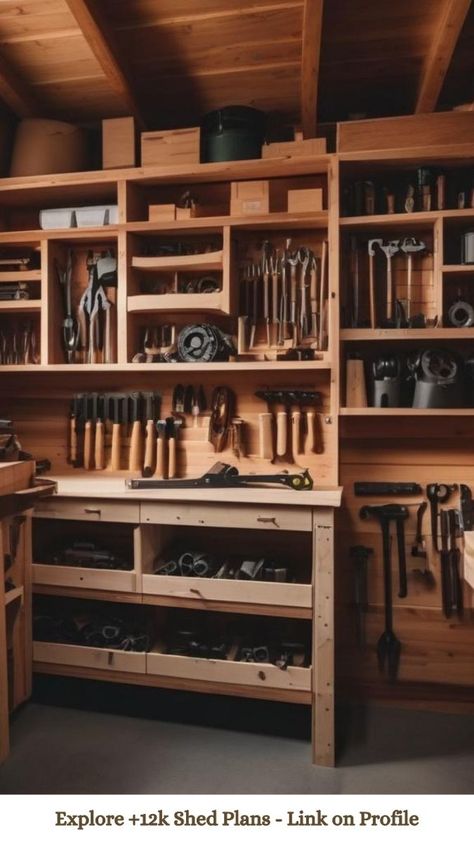 Diy Tool Storage, Tool Organization Ideas, Backyard Shed Ideas, She Shed Ideas Interior, Tool Wall Storage, Tool Storage Ideas, Wooden Workshops, Tool Wall, Workshop Shed