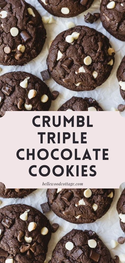 Dutch Chocolate Cookies, Triple Chocolate Chunk Cookies, Cookie Recipes That Freeze Well, Crumble Cookie Copycat Recipe Chocolate, Triple Chocolate Cookies Recipe, Crumble Chocolate Cookie, How To Make Crumbl Cookies, Crumbl Cookie Chocolate, Chocolate Crumble Cookies