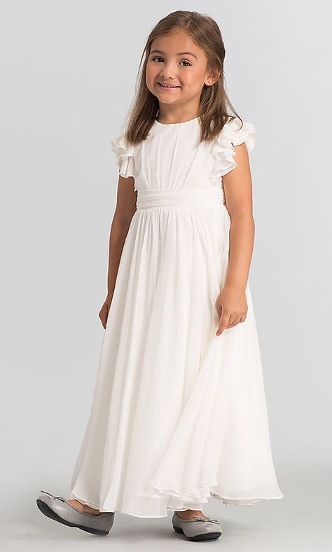 Ivory Flutter-Sleeve Flower Girl Dress by Dessy Girl White Dress Girls, Simple Flower Girl Dresses, Plain White Dress, Short Formal Dresses, Confirmation Dresses, Long Flower Girl Dresses, Elegant Clothing, Girls White Dress, Kleinfeld Bridal