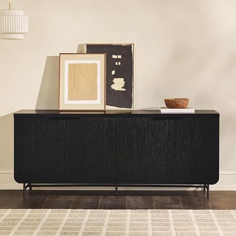 Walker Edison Scandinavian Grooved 4-Door Sideboard, 69 Inch, Black #commissionsearned Scandinavian Tv Stand, Sideboard Scandinavian, Solid Wood Tv Stand, Black Sideboard, Walker Edison, Tv Sideboard, Solid Hardwood Floors, Modern Sideboard, Tv Stand Wood