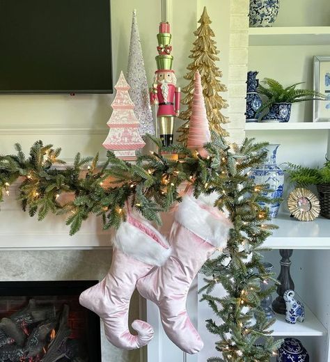 Nichole ~The Permanent Garden on Instagram: "✨💖✨ Pretty Pinks Today!! We have our new Pink Chinoiserie Tree, Gold Trees and some of our Handmade Trees on the mantel. Showing off one of our pink nutcrackers this season! 💕 Our new handmade pink stockings! If you swipe we have some of our wool hooked pillows in pink as well! ✨💖✨ Tap the photo to shop 🛍 and FREE 📦shipping on all orders over $35. If you need a link I’m happy to send one, please message me. You can also tap the link in my bio and go right to my website. . . . . . . #thepermanentgarden #blueandwhitechicpassion #preppychicpassion #bhg #southernliving #southerncharm #traditionalhome #traditionalhomedecor #chinoiseriestyle #chinoiserie #chinoiseriechic #chinoiseriechicstyle #blueandwhiteforever #blueandwhite #blueandwhitedecor Pink And Green Christmas Decor, Pink Christmas Bedroom, Pink And Green Christmas, Pink Stockings, Elf Style, Christmas Nyc, Pink Chinoiserie, Christmas Tree Silhouette, Chinoiserie Print