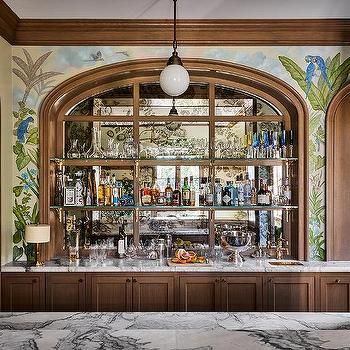 Wet Bar Mirror, Black Wet Bar, Gray Concrete Countertops, Glass Bar Shelves, Mirrored Backsplash, Leaded Glass Cabinets, Wet Bar Cabinets, Andrew Howard, White Marble Backsplash